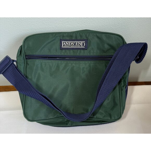 VTG Lands' End Bag Tote Green/Blue Adjustable Strap Pockets 9x11 inches - Picture 1 of 7